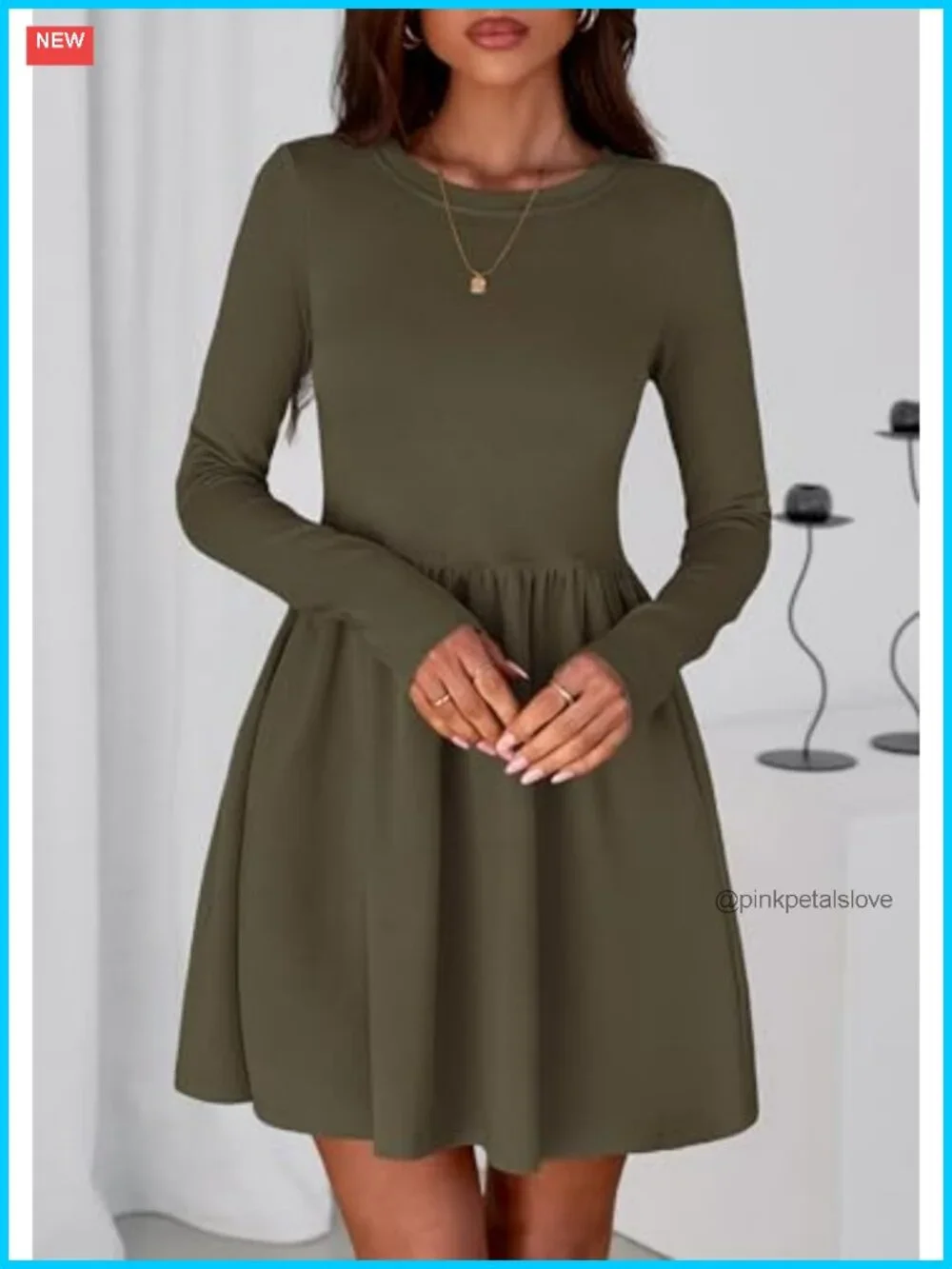 Long Sleeve Mini Dress Pleated A-Line Fit & Flare Babydoll with Pockets Casual